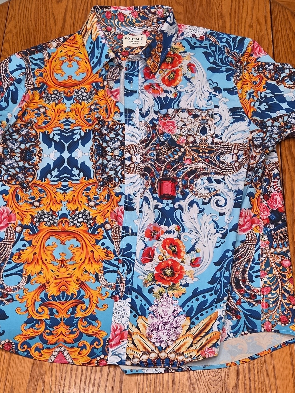 Men's FOHEMR Large  Blue & Gold Baroque Print Shirt